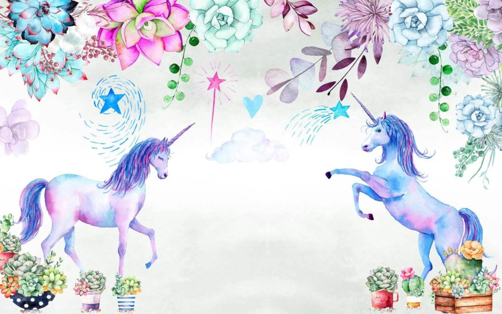 Unicorni și flori de acuarelă Unicorni și flori de acuarelă