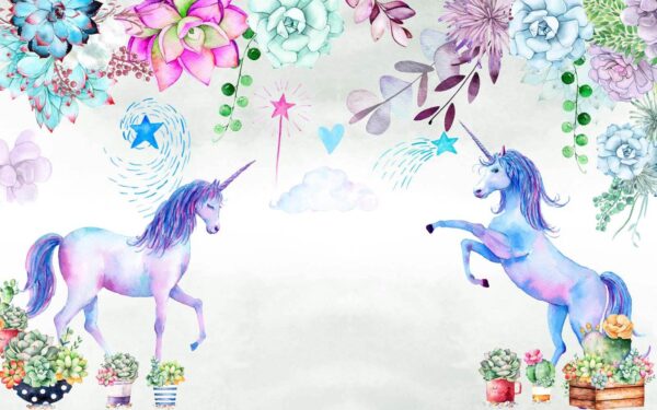 Unicorni și flori de acuarelă Unicorni și flori de acuarelă