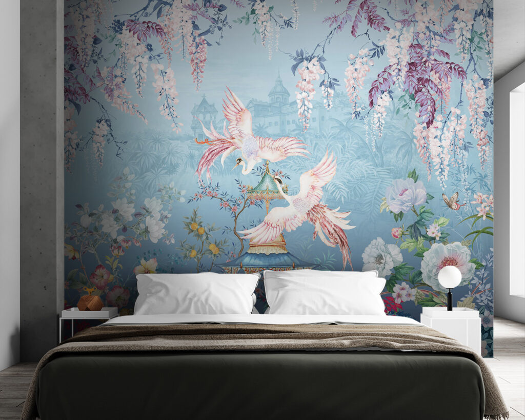 Painting of birds flying over a pagoda and flowers