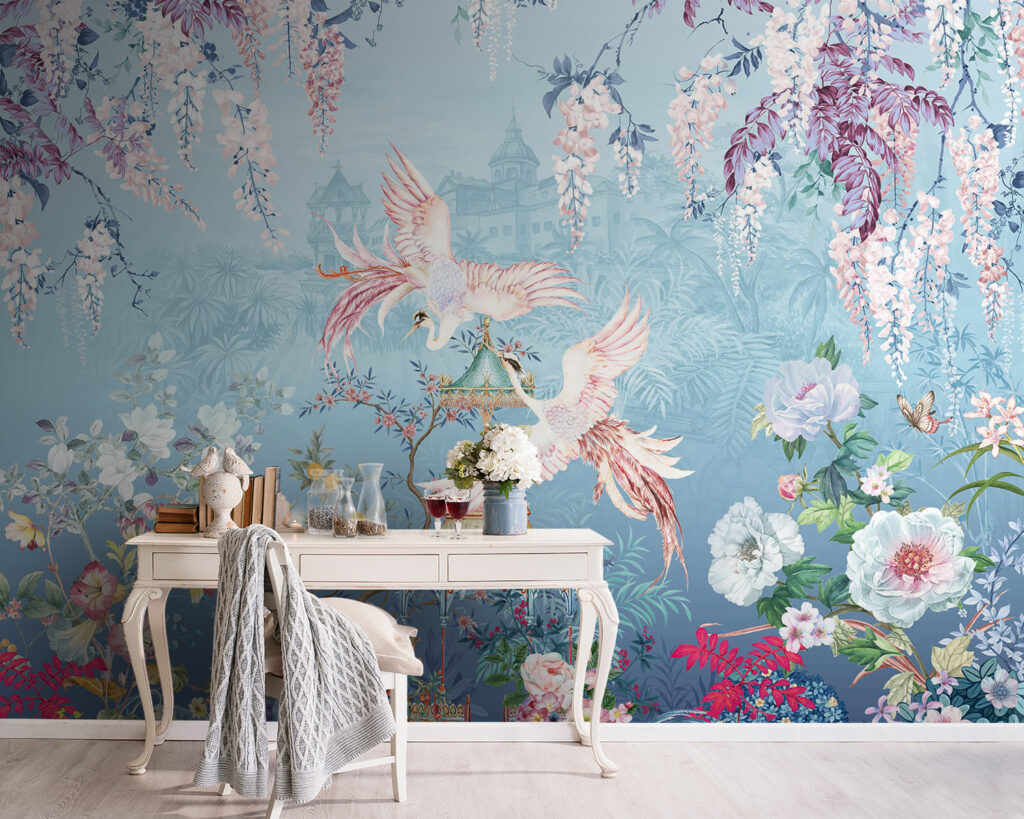 Painting of birds flying over a pagoda and flowers