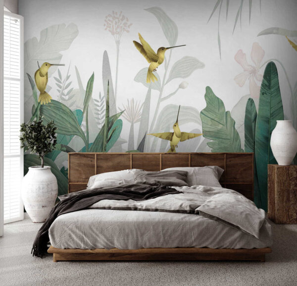 Hummingbirds flying over plants