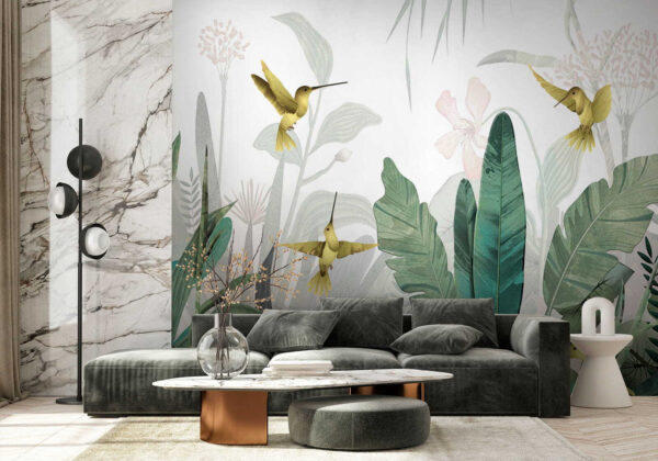 Hummingbirds flying over plants