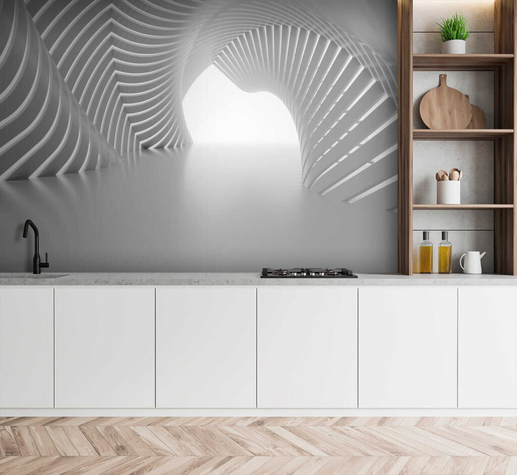 White tunnel with curved lines