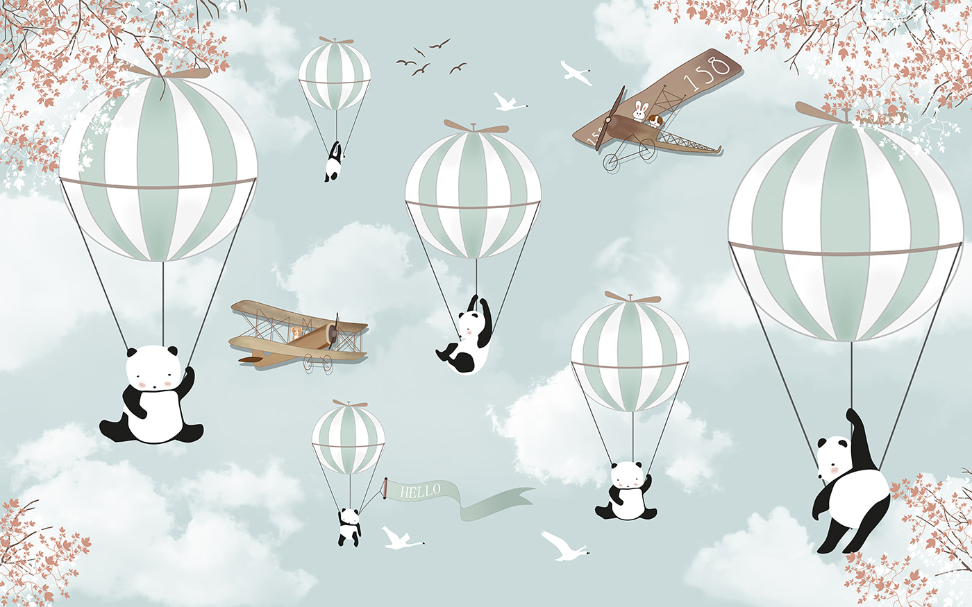 Pandas and hot air balloons in the sky