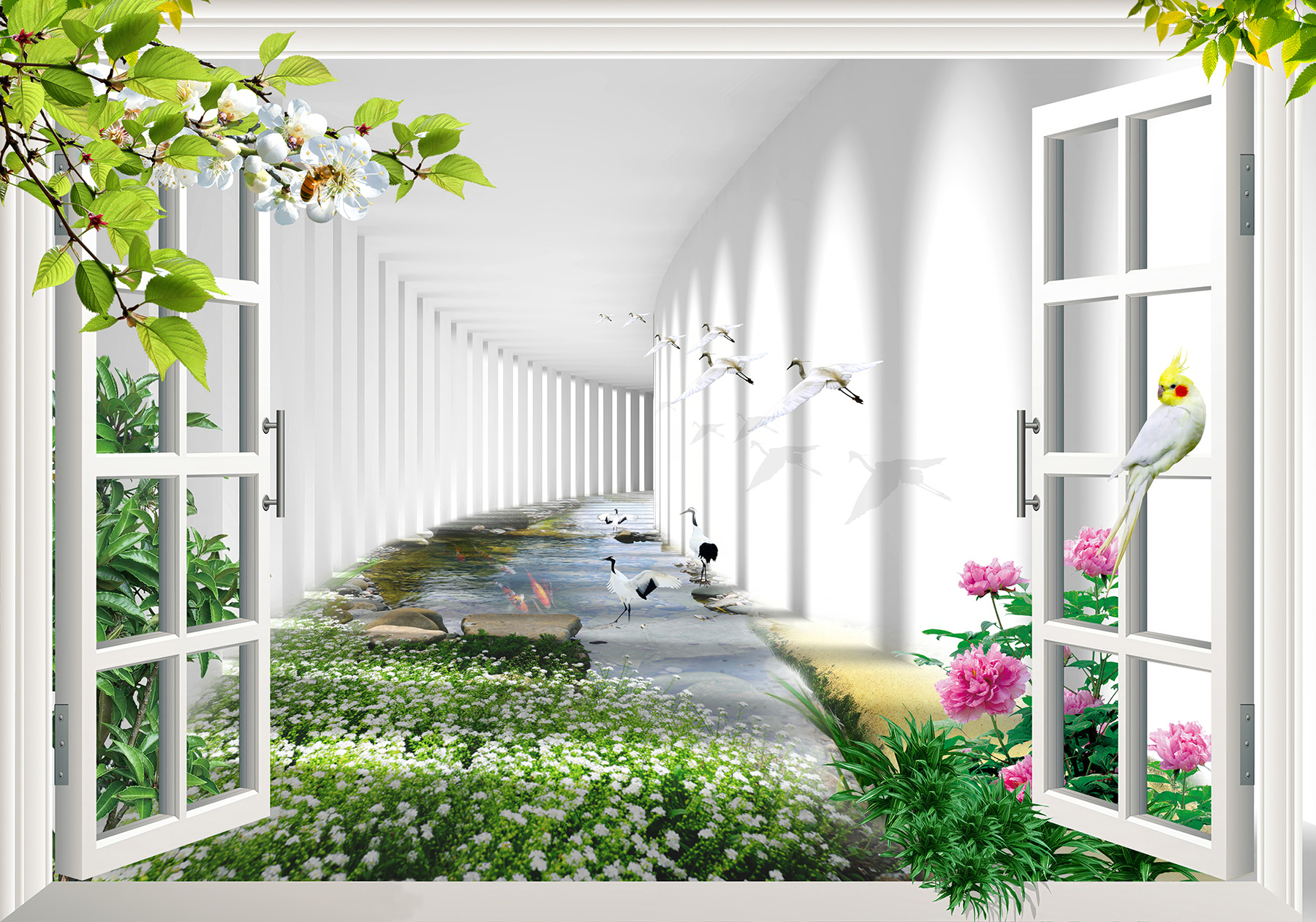 Fereastră cu vedere la un iaz și flori u06326p - Fereastră cu vedere la un iaz și flori - tegory