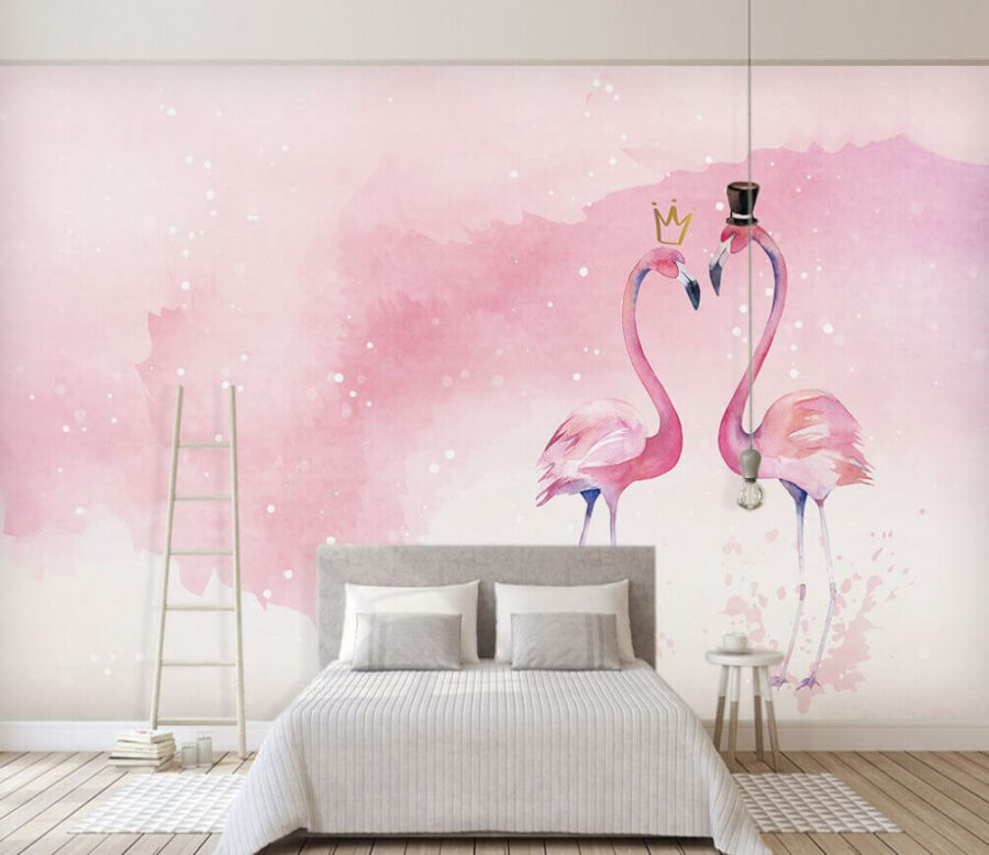 Două flamingo cu coroană și coroană pe cap Două flamingo cu coroană și coroană pe cap