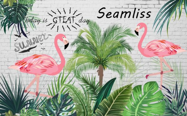 Perete cu flamingo și palmieri Perete cu flamingo și palmieri