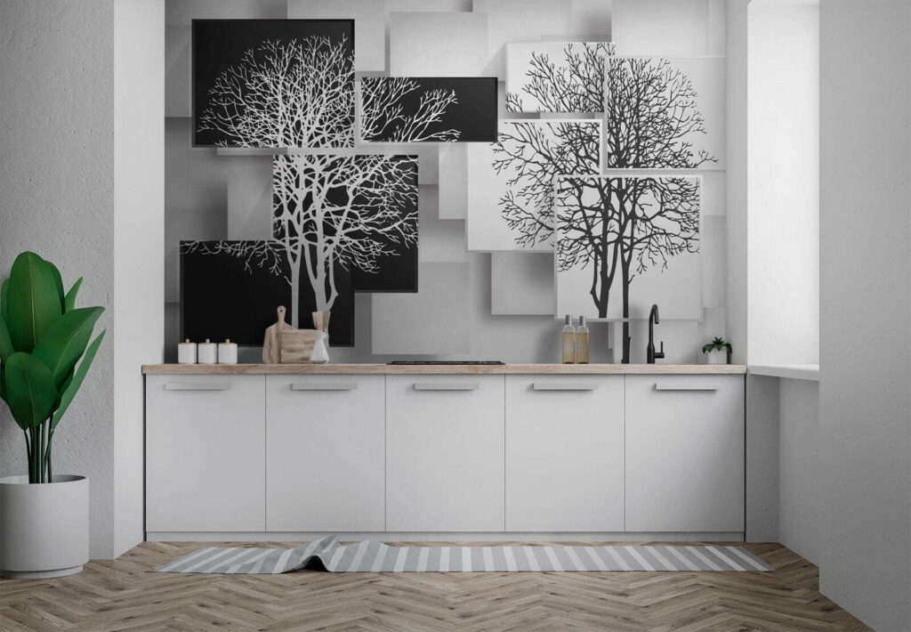 Group of black and white squares with trees on them