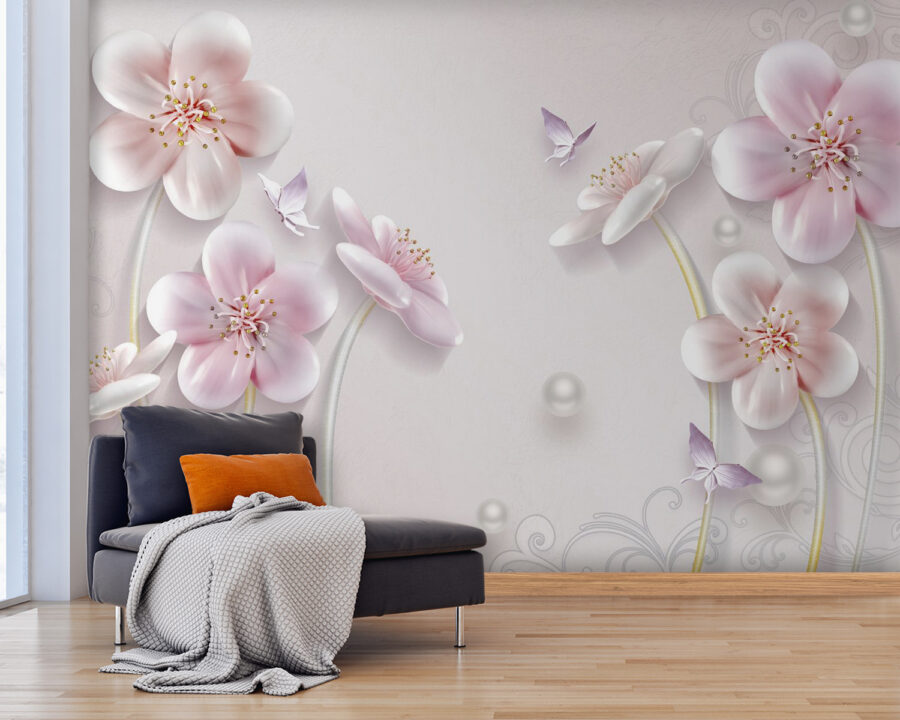 Fototapet Wallpaper cu flori și fluturi - imagine 2