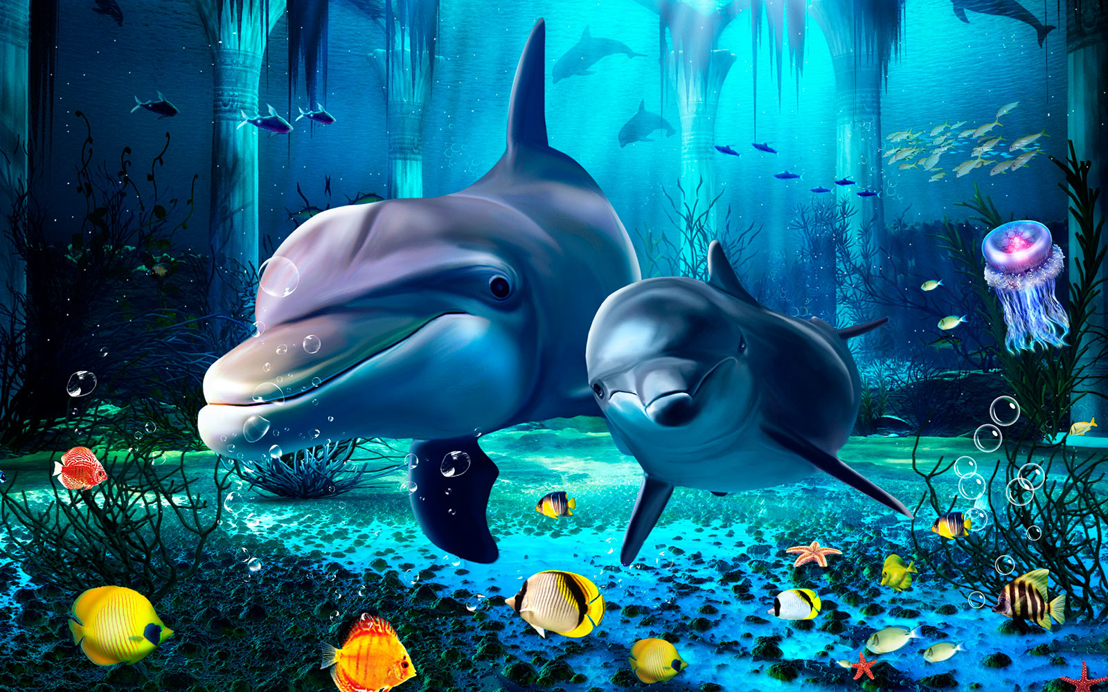 Cuplu de delfini care înoată în mare u09688p - Cuplu de delfini care înoată în mare - tegory