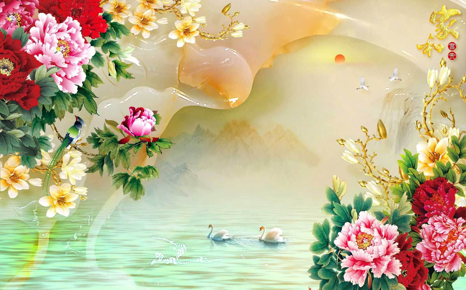 Pictură de flori și lebede u11643p - Pictură de flori și lebede - tegory