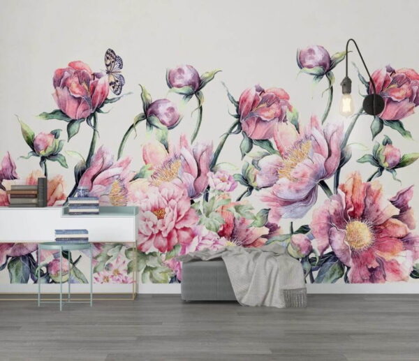 Pictura acuarelă de flori și un fluture Pictura acuarelă de flori și un fluture