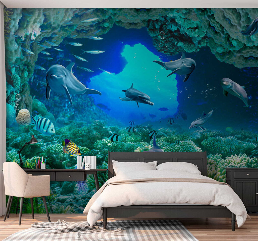 Group of dolphins and fish under water