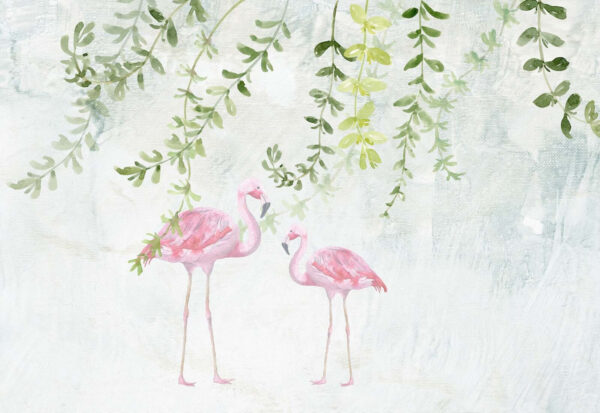 Două flamingo roz cu frunze verzi Două flamingo roz cu frunze verzi