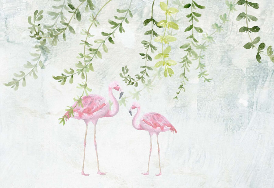 Două flamingo roz cu frunze verzi