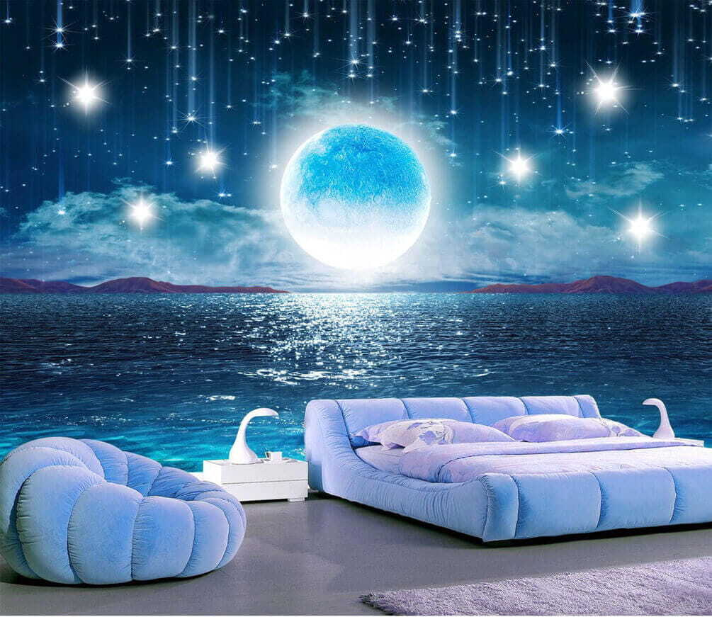 Moon over water with stars and clouds