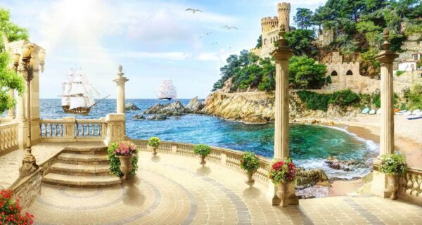 Balcon cu coloane și flori pe malul oceanului Balcon cu coloane și flori pe malul oceanului