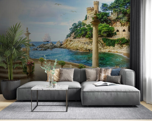 Balcon cu coloane și flori pe malul oceanului Balcon cu coloane și flori pe malul oceanului