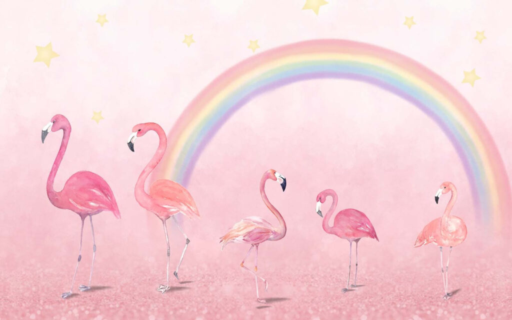 Grup de flamingo cu un curcubeu Grup de flamingo cu un curcubeu