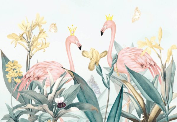 Grup de flamingo cu coroane și flori Grup de flamingo cu coroane și flori