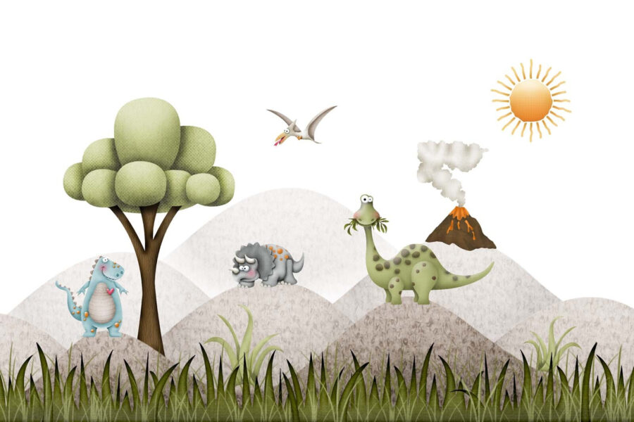 Dinozauri de desene animate într-un peisaj