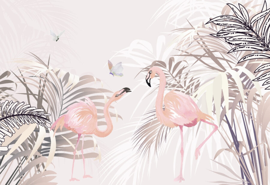 Flamingo roz și fluturi într-o grădină tropicală