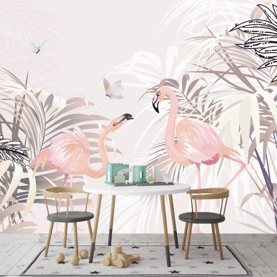 Flamingo roz și fluturi într-o grădină tropicală