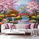 Fototapet Pictura de un iaz cu un pod și flori