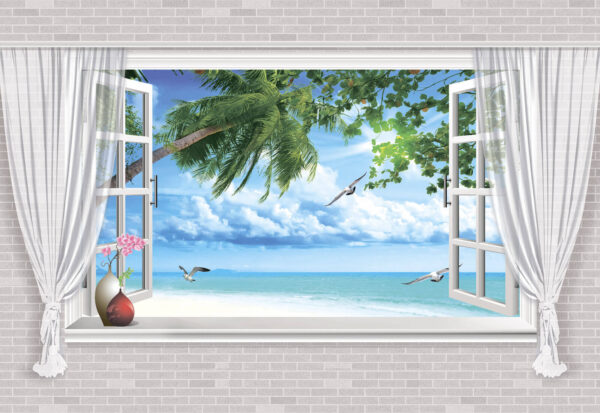 Fereastră cu vedere la plajă și păsări Fereastră cu vedere la plajă și păsări