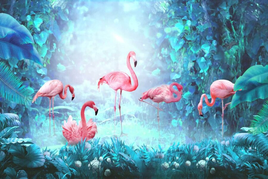 Grup de flamingo roz într-o pădure