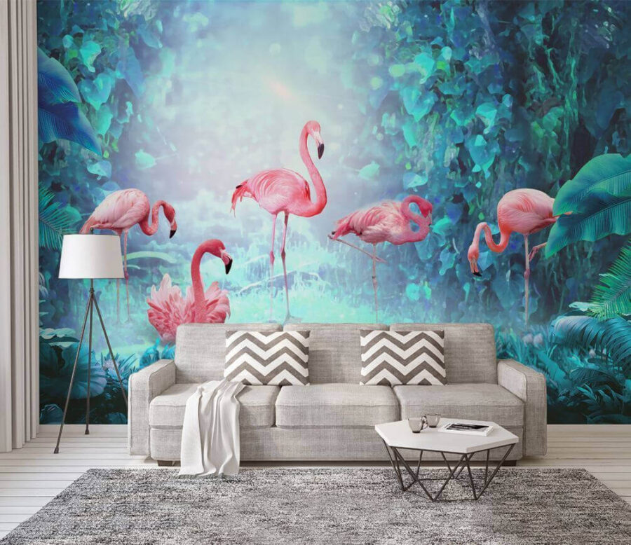Grup de flamingo roz într-o pădure
