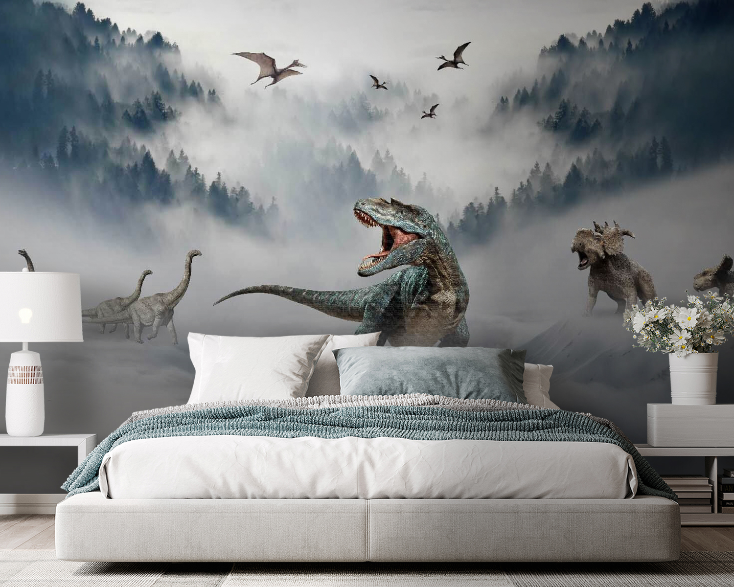 Group of dinosaurs in the snow