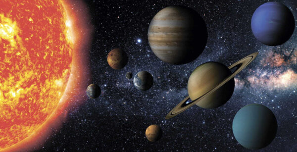Planete în spațiu cu stele și o stea strălucitoare Planete în spațiu cu stele și o stea strălucitoare