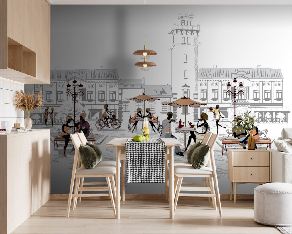 Group of people sitting on benches in a city