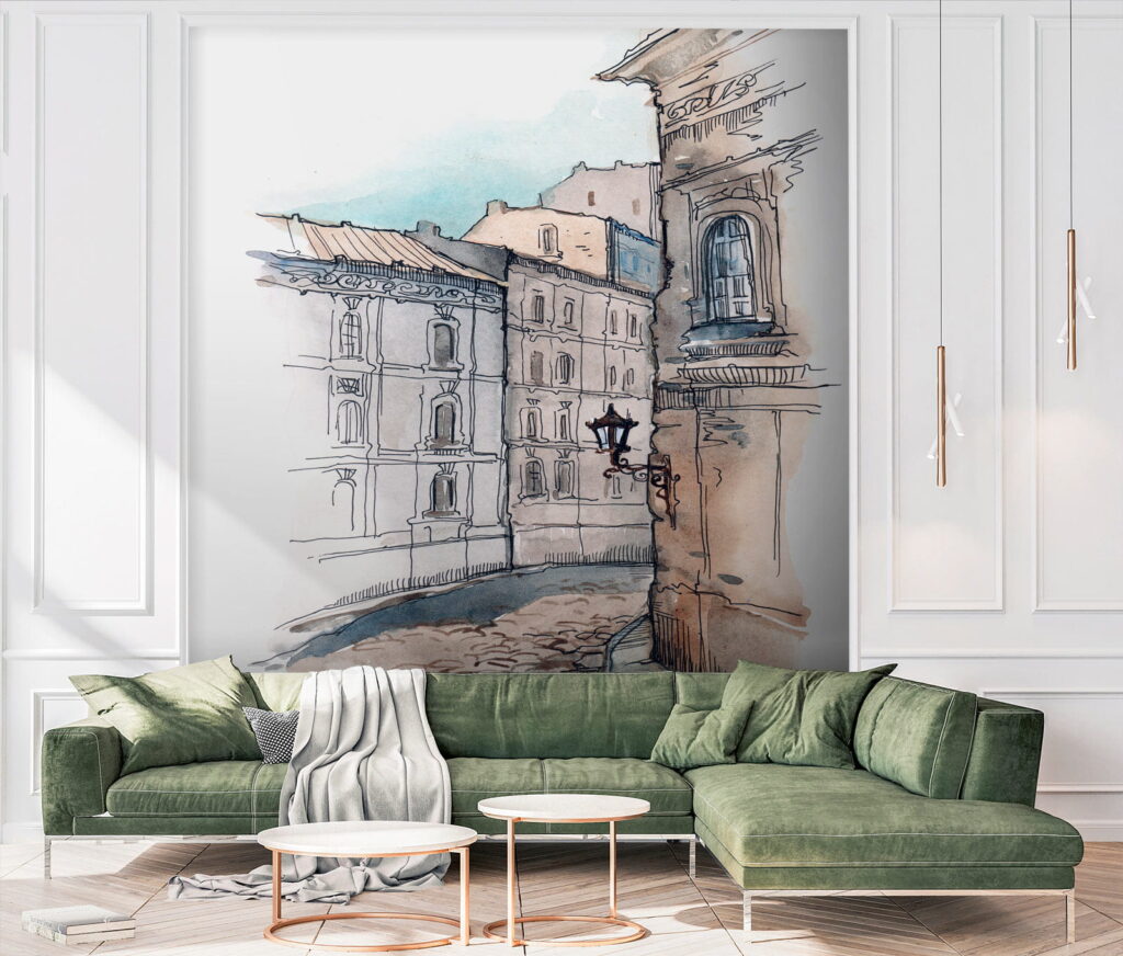 Drawing of a street with buildings Drawing of a street with buildings