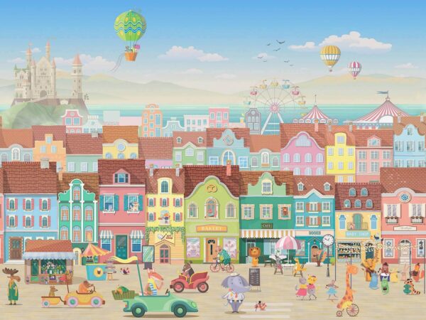 Oraș de desene animate, cu multe clădiri și o roată mare Oraș de desene animate, cu multe clădiri și o roată mare