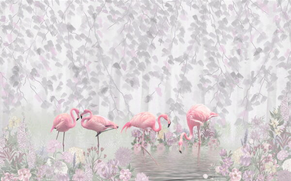 Grup de flamingo roz într-un iaz cu flori u60027p 600x375 - Grup de flamingo roz într-un iaz cu flori - tegory