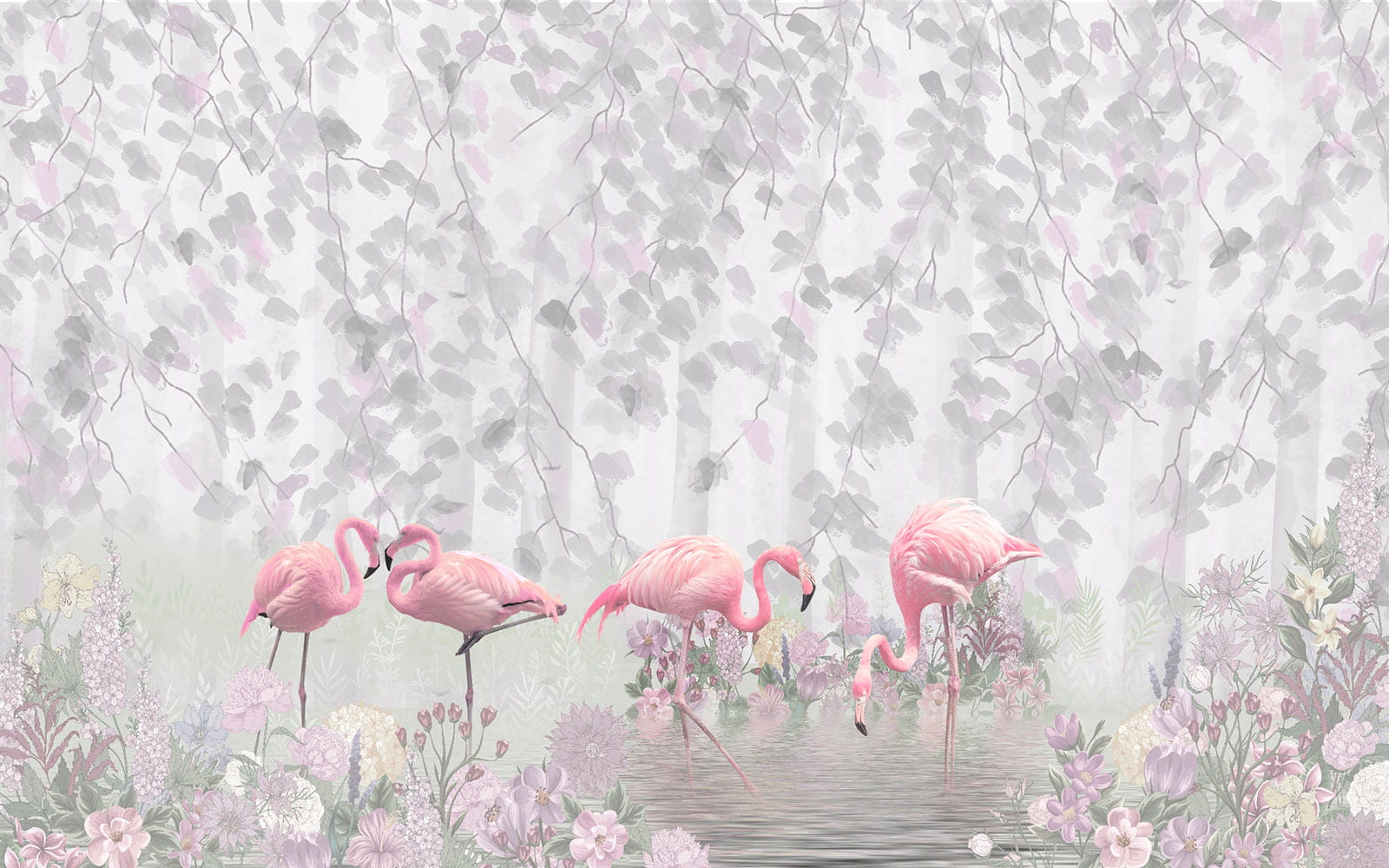 Grup de flamingo roz într-un iaz cu flori u60027p - Grup de flamingo roz într-un iaz cu flori - tegory