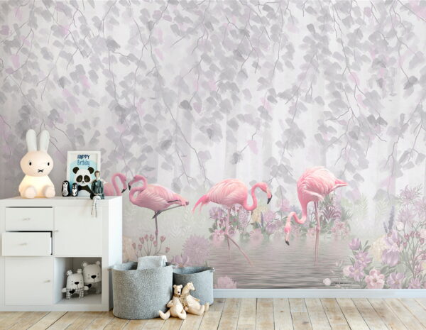 Grup de flamingo roz într-un iaz cu flori u60027pir1 600x465 - Grup de flamingo roz într-un iaz cu flori - tegory