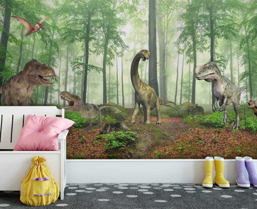 Grup de dinozauri într-o pădure