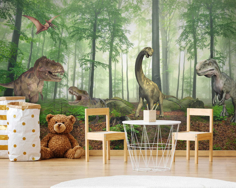 Grup de dinozauri într-o pădure