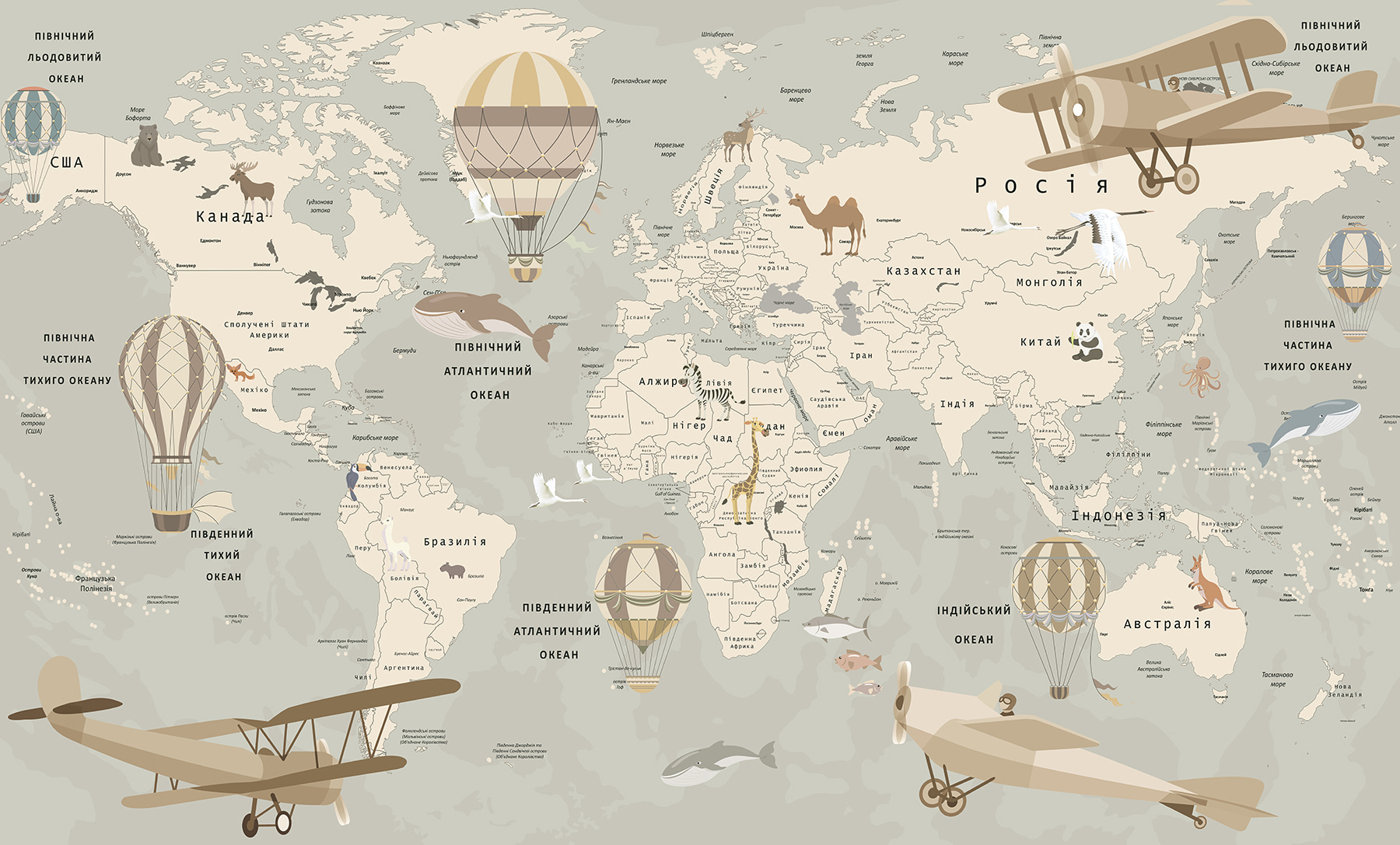 Map of the world with airplanes and animals