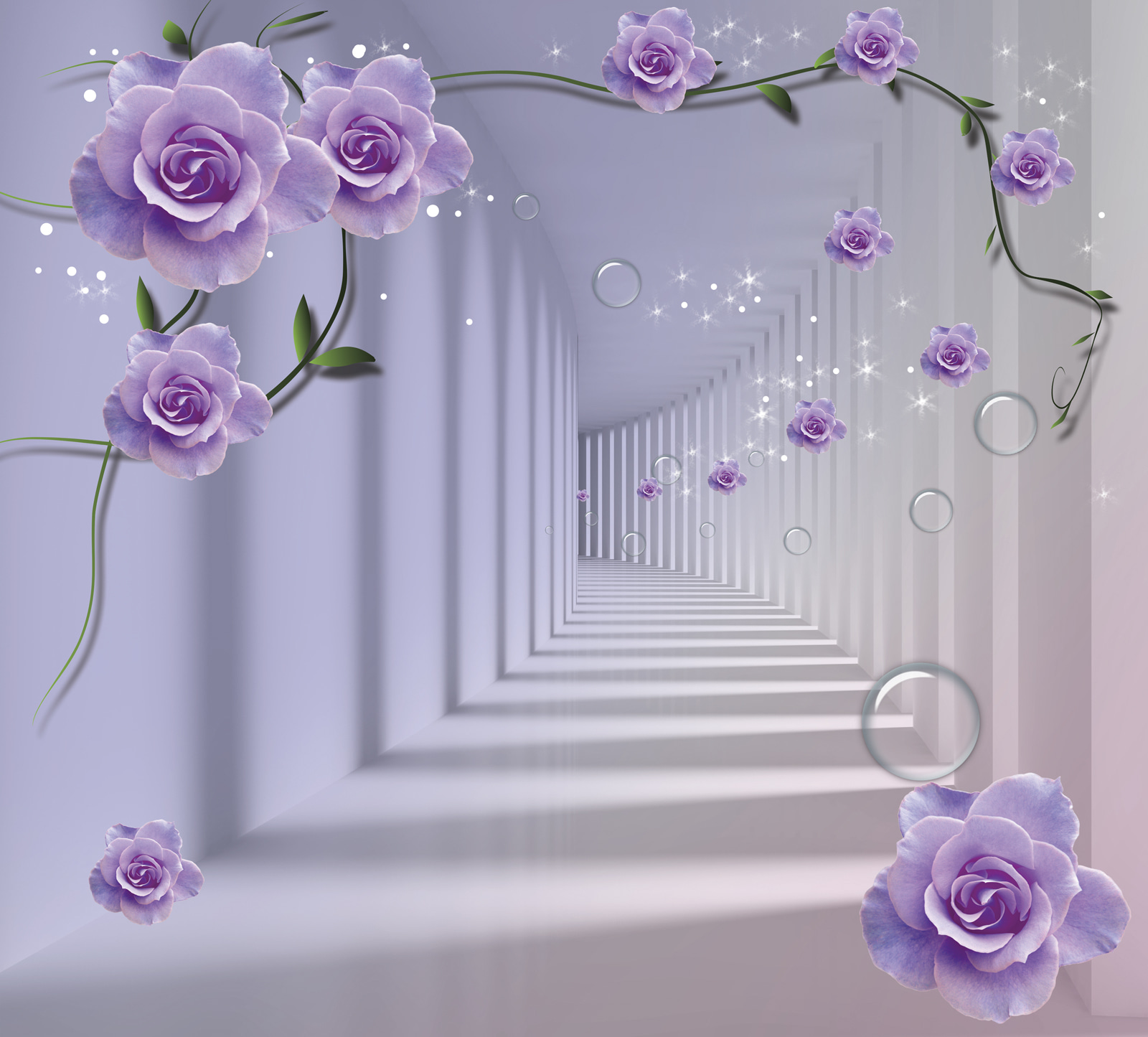 Wallpaper with purple roses and a staircase