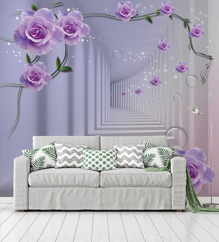 Wallpaper with purple roses and a staircase