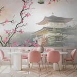 Fototapet Copac cu flori roz și o clădire în fundal