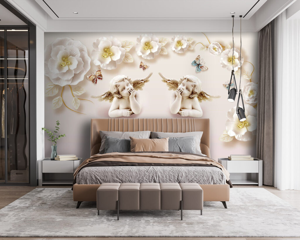 Group of angels with wings and flowers