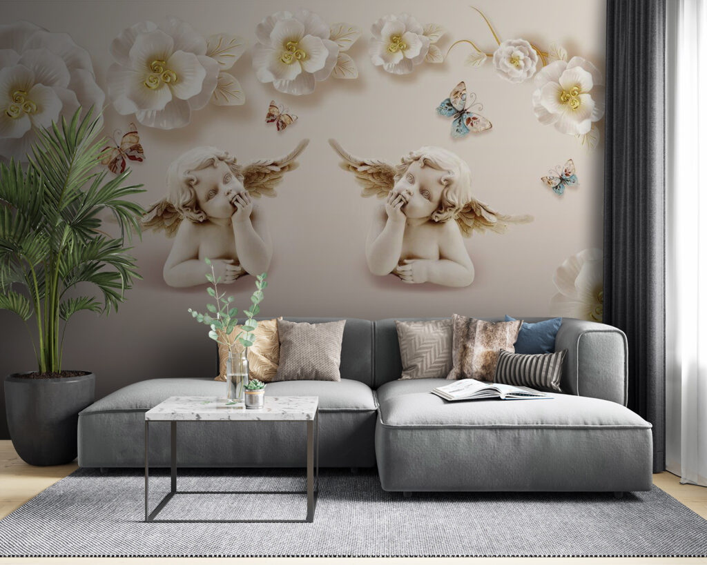 Group of angels with wings and flowers