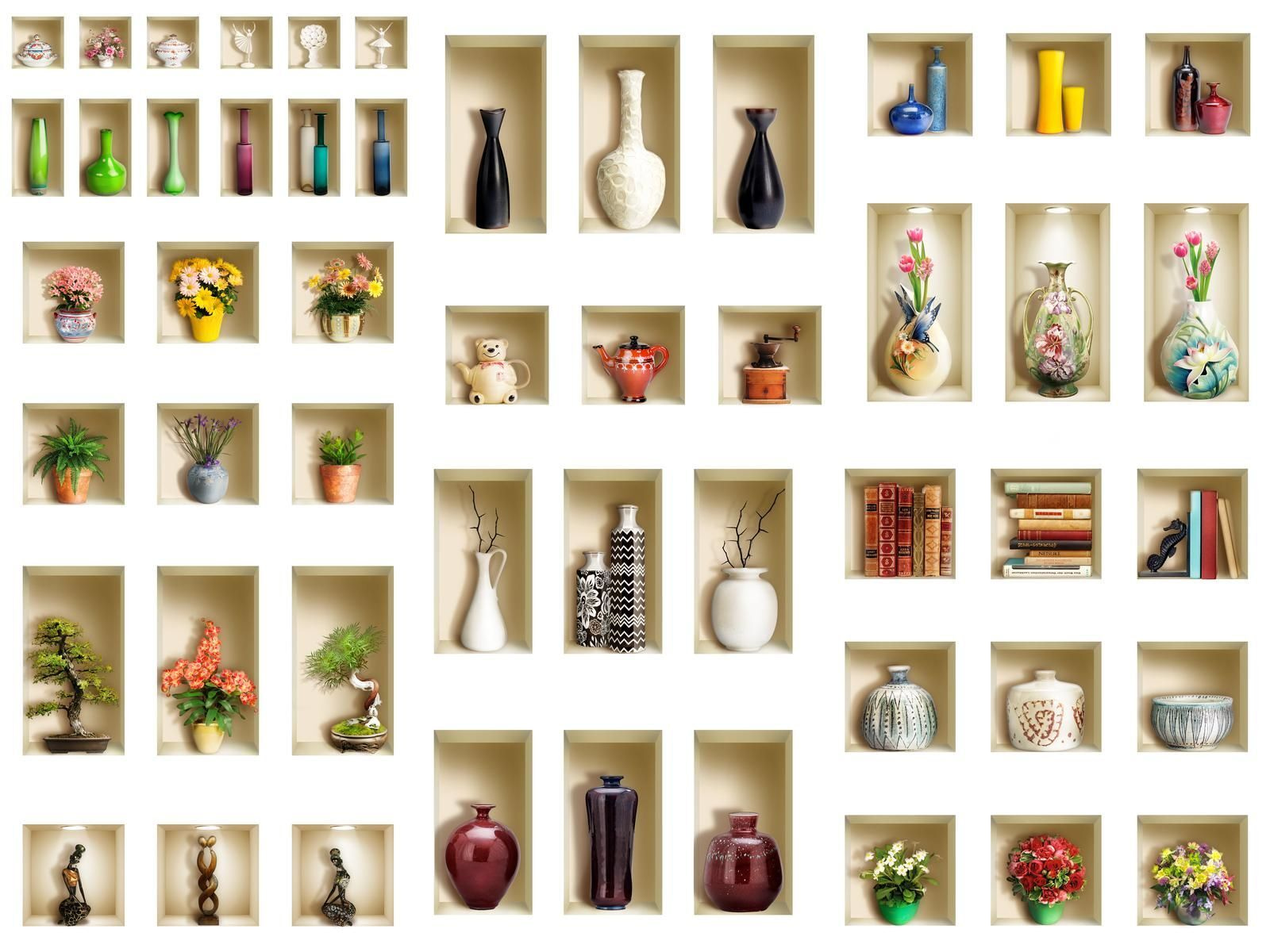 Wall with shelves full of vases and flowers Wall with shelves full of vases and flowers