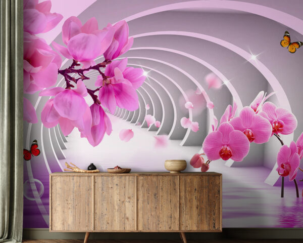 Flori roz într-un tunel Fototapet Flori roz într-un tunel