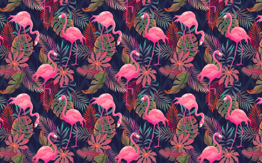 Un model de flamingo roz și frunze